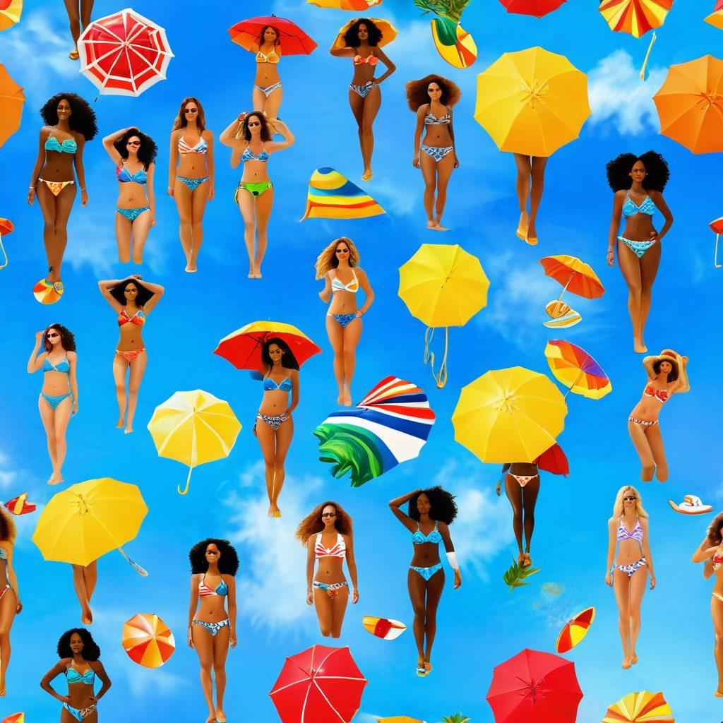 A sun-soaked beach scene featuring diverse women showcasing the latest bikini trends, with vibrant patterns and colors. Include elements like beach umbrellas, flip-flops, and a clear blue sky, capturing the essence of a fun summer day. The atmosphere should be lively, with a sense of confidence and freedom. super-realistic. vibrant colors. beach setting.